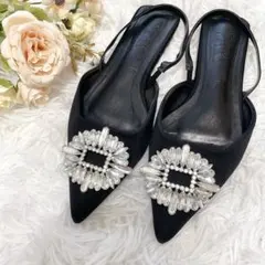 【美品】ZARA ザラ ラインストーン フラットミュール 37 ブラックのサムネイル