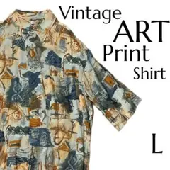 総柄 半袖 アート シャツ 実寸L 古着 ヴィンテージ ビスコース レトロ 夏のサムネイル