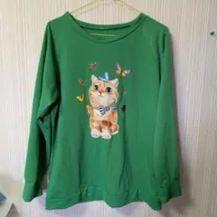 猫と蝶プリント グリーントレーナー