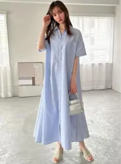 ストライプ柄バックレースアップフレアシャツワンピースGRL グレイル シャツ