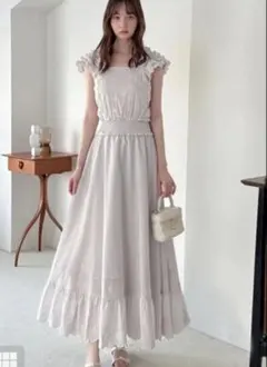 フリルショルダー花柄刺繍コットンフレアワンピース　pm588のサムネイル