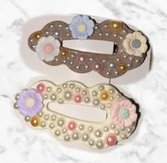 韓国風 パステル 花柄パール ヘアクリップ 2個セット