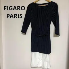【美品】FIGARO フィガロ　ストライプ柄 七分袖ワンピース ネイビーのサムネイル