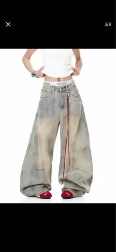 ロングパンツ ジーンズ レディース デニムワイドフレア ユニーク デザイン