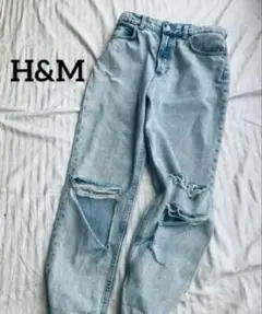 H&M&DENIM ダメージデニム　薄色ブルー　ストレートのサムネイル