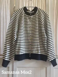 サマンサモスモスSM2 袖ボリュームボーダー柄カーディガンF 白×ネイビー