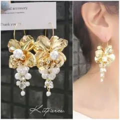No.105 大ぶり 艶ゴールドフラワー×粒パールのゆらゆらピアス イヤリング