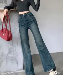 フレア ストレッチデニムジーンズ レディース カジュアル 春 ブルー