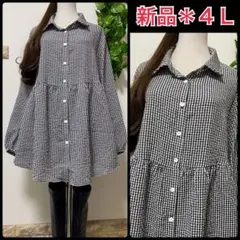 新品＊大きいサイズ４Ｌ＊抑揚シャツ素材チェック柄Ａラインチュニック＊