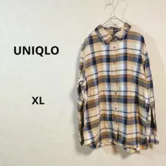 ユニクロ　チェック柄長袖シャツ ベージュ・青　レディース　古着　XL /153