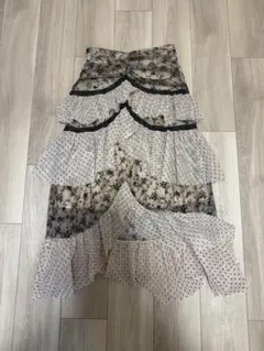 フリル付き花柄ドットロングスカート