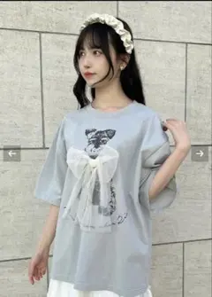 チュールリボン付きシュナウザープリントビッグＴシャツのサムネイル