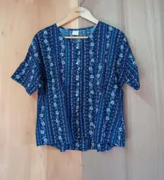 エスニック花柄半袖シャツ 胸ポケット付き 半袖シャツ 花柄 夏 コン ネイビー