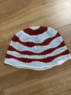 ストライプ ニットビーニー 赤・水色　バケットハット　クロシェ編み