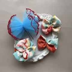 《532》七五三　髪飾り　ヘッドドレス　着物リメイク　水色赤　アンティークレトロ