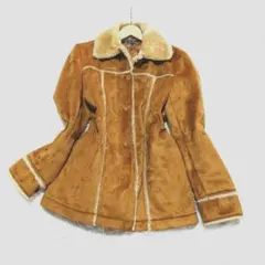 【美品】フェイクムートン　ファー付きジャケット　パイピング　ブラウン　 L