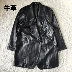 牛革 ロング レザージャケット 本革 ダブル ブラック L相当 ペイズリー