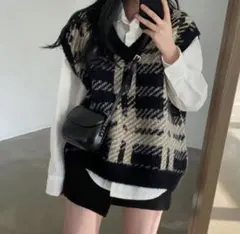 ベスト　Vネック　チェック　韓国　オルチャン　おしゃれ　シャツ　ヴィンテージ