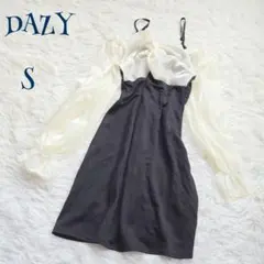 【ヴィンテージ】シアー袖 バイカラー キャミ風 ミニ丈 ワンピース S 無地 黒