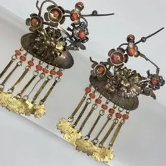 041401アンティーク　江戸　銀製　金彩　梅枝　菊　びら赤珊瑚桜　簪　かんざし