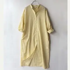極美品✨ドアーズ　カラーストライプ　バンドカラー　ロングシャツワンピース　黄色