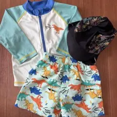 恐竜柄ラッシュガード、水着、帽子　3点セット