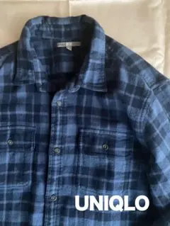 【美品】厚手UNIQLO ユニクロ メンズ チェック柄長袖シャツ ネイビーXL
