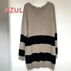 AZULベージュと黒のストライプ Vネックニット