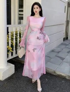 SHEIN バタフライ柄 シアー ロングワンピース 長袖