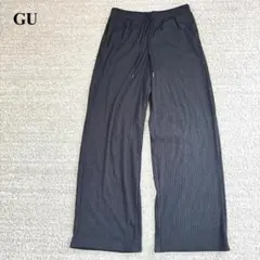 GU リブワイドパンツ プリーツ ハイウエスト ウエストゴム リラックス ラフ