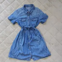GAP KIDSデニムシャツワンピース 半袖 ウエストリボン付き140cm
