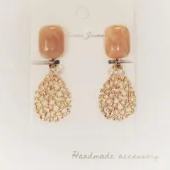 マーブルピンク×しずく×クリアビーズ　イヤリング　ピアス　ハンドメイド