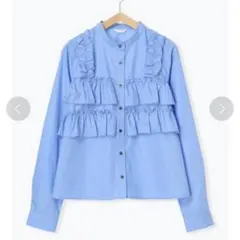 フリル付バンドカラーシャツ　カジュアル　ブラウス　ノーカラー　ブルー　オフィスのサムネイル