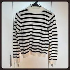 ハイネックボーダーニットトップス　薄手　ホワイト　白　セーター