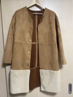 【ZARA】ノーカラー コート キャメル ザラ ファー付き