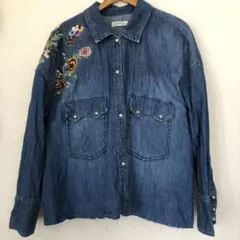 ZARA 刺繍　花　フラワー　デニム　シャツ　カットオフ