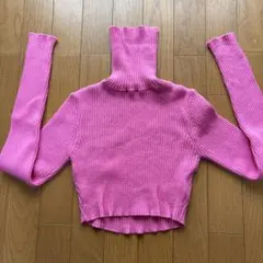 ピンク タートルネック リブニット 長袖
