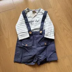 プティマイン　ストライプ柄長袖ボディとオーバーオールセット