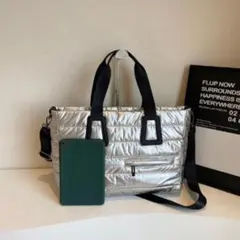 【シルバー】キルティングバッグ トートバッグ ショルダーバッグ 大容量 マザーズ