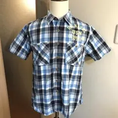 メンズ【美品 アヴィレックス】水色 紺 L チェック 半袖 シャツ ミリタリー