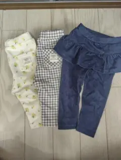 80サイズ パンツ 3点セット デニム風 チェック 花柄