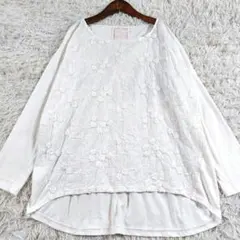 美品 BEARDSLEY 総レース 刺繍 花柄長袖 大きめカットソー ロンTEE