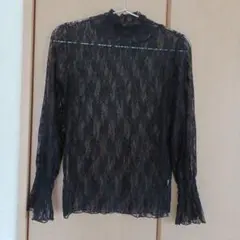 レース フリルネック 長袖シャツ 黒