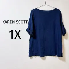 8 KAREN SCOTT ネイビー 五分袖 Tシャツ 1X トップス