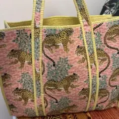 ブロックプリントヒョウ柄トートバッグ