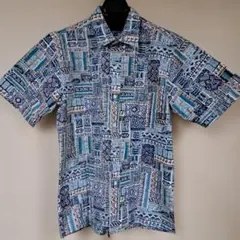 LIBERTY HOUSE　ONO 幾何学模様　半袖　アロハシャツ　ブルー系 M