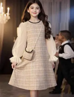 美品 パフスリーブツイードワンピース 卒園式 パーティードレス