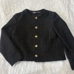 美品　ZARA ツイードノーカラージャケット　金ボタン　S