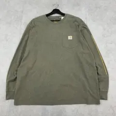 カーハート　袖プリント　ロンT　胸ポケット　古着　カーキ　緑色　L
