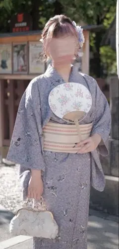 紫色 花柄 浴衣・帯セット 扇子とパッグがありますせん